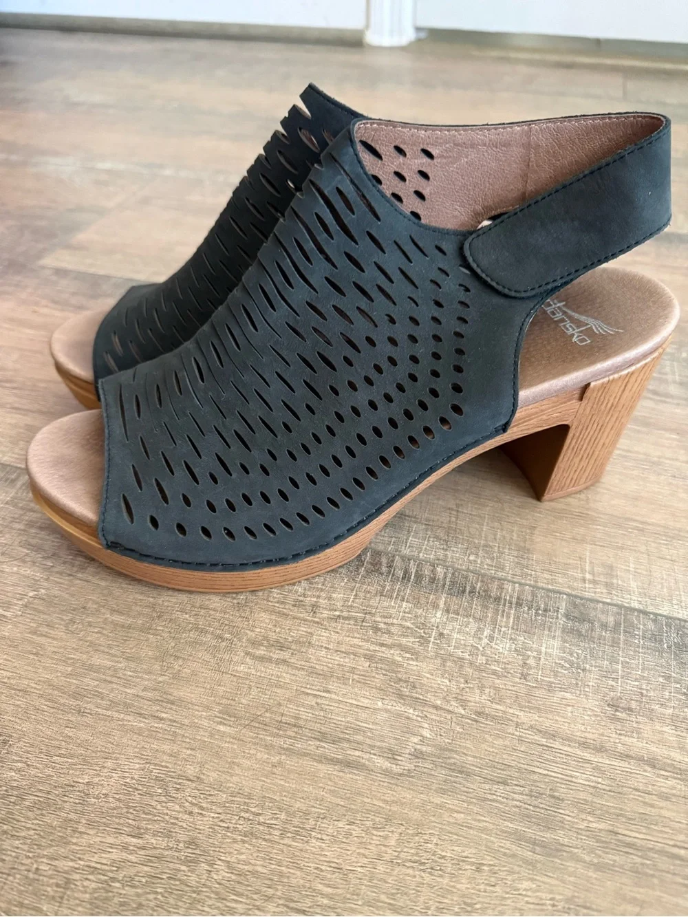 Dansko Black Laser-Cut Open-Toe Slingback Sandals